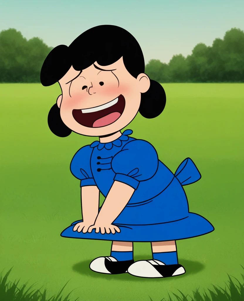 score_9, score_8, score_7, BREAK, 1girl, solo, lucy, black hair, blue dress, puffy sleeves, outdoors, grass, smiling, happy, standing, looking on viewer, bottomless, spread pussy, Ahegao, mostrando el ano, nalgas grandes, from behind
