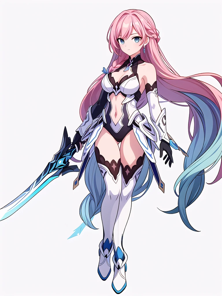 (((Best Quality))) , ((full body)), An adult female, (((white background))), variety of hairstyles, variety of design, gauntlets, leotard, body stocking, (cropped shoulders), holding great sword, gloves, stand posture, ((skyblue theme costume)), pink hair, thong, (braid),
