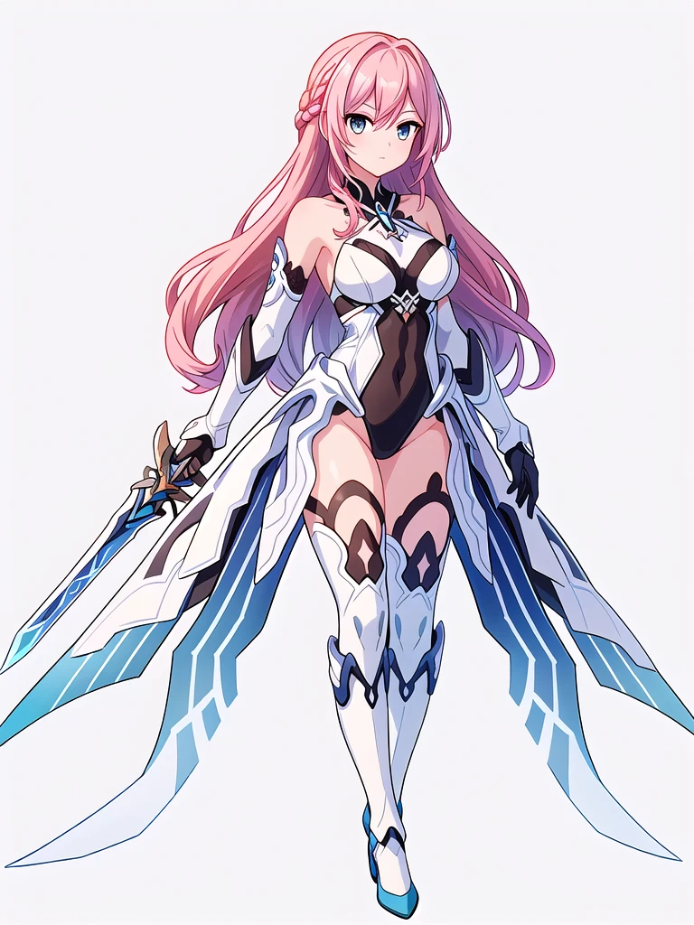 (((Best Quality))) , ((full body)), An adult female, (((white background))), variety of hairstyles, variety of design, gauntlets, leotard, body stocking, (cropped shoulders), holding great sword, gloves, stand posture, ((skyblue theme costume)), pink hair, thong, (braid),
