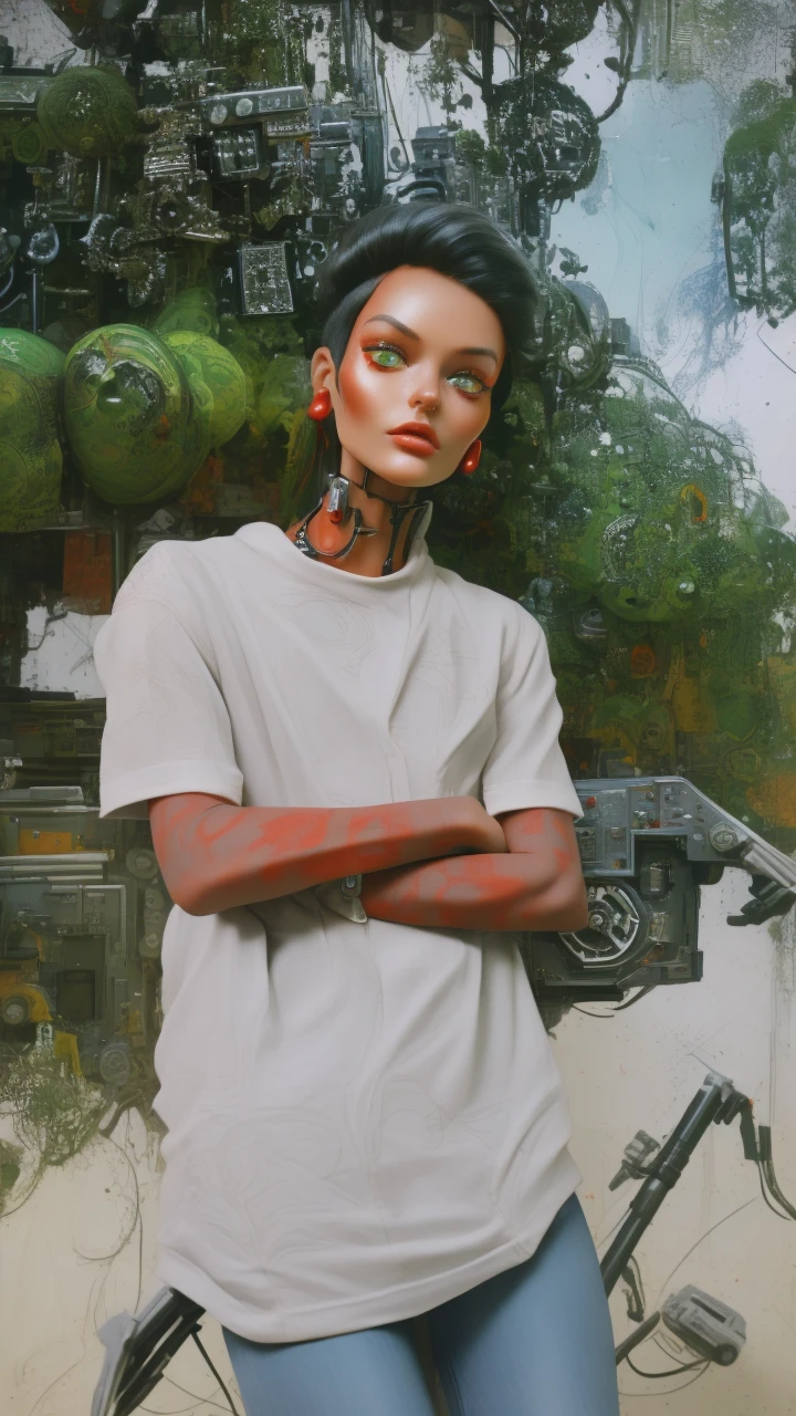 A cybernetic cyborg with red hat, green and red cybernetic eyes, detailed face, highly detailed, intricate mechanical parts, advanced technology, cinematic lighting, digital art, 8k, photorealistic, concept art, science fiction