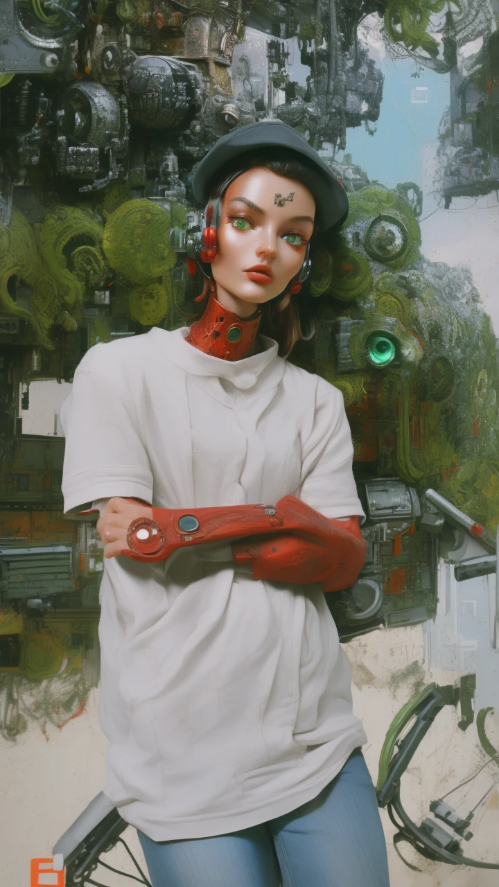A cybernetic cyborg with red hat, green and red cybernetic eyes, detailed face, highly detailed, intricate mechanical parts, advanced technology, cinematic lighting, digital art, 8k, photorealistic, concept art, science fiction
