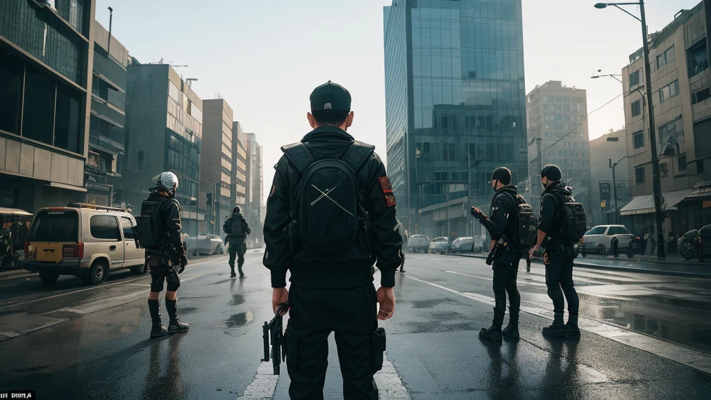 A rebel group or gang, dressed in a simple and technological way, observes the urban landscape with a mix of admiration and melancholy towards society. (The scenario must reflect both technological advancement and dystopian aspects of the future, set in more forest)