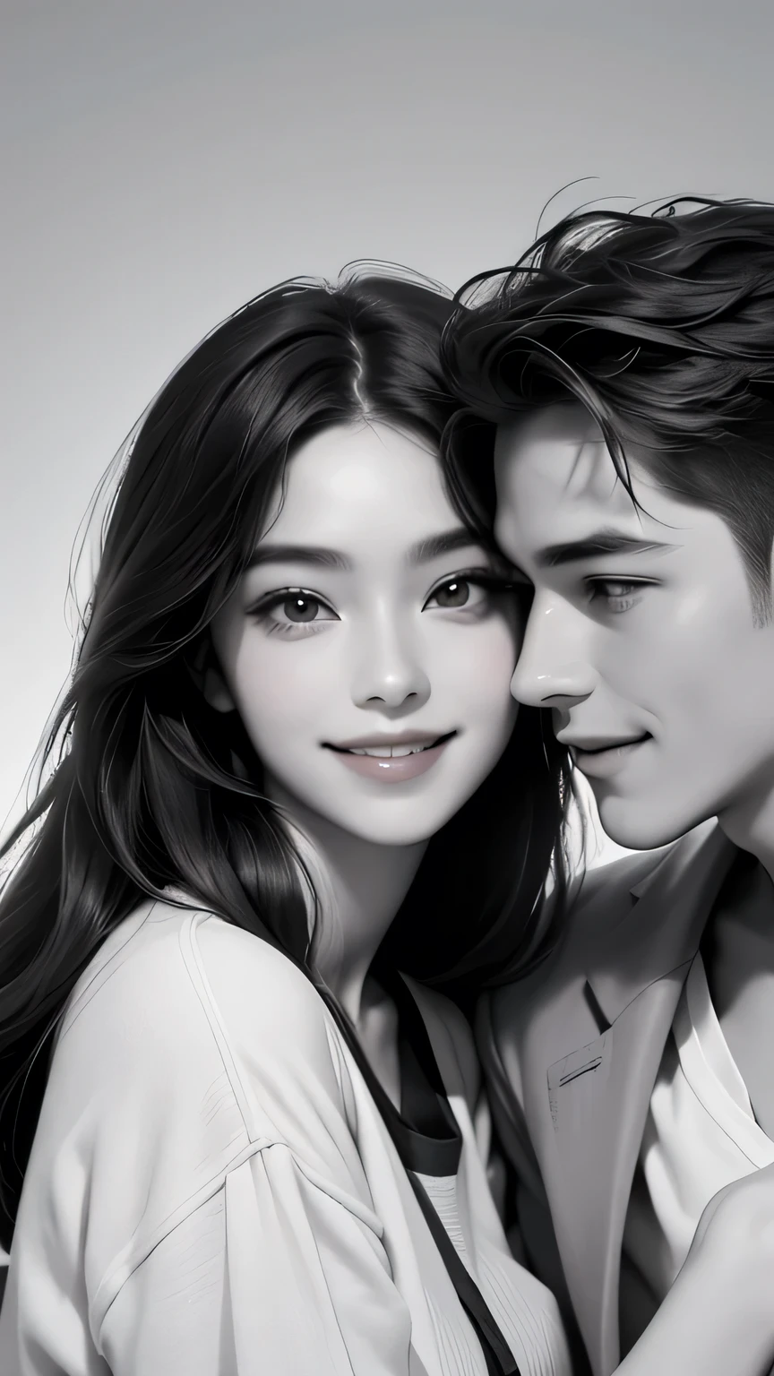 A man and a woman in loose, refreshing clothes are rubbing cheeks together、Looking straight at the camera and smiling, The background is a plain gray gradient, Close-up