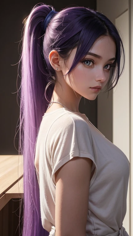 Create a detailed image of a 22-year-old female character, 1.68m tall. She has straight hair dyed entirely in violet, tied up in a medium-high ponytail, with strands softly falling around her face. Her eyes are striking, with vibrant violet pupils that complement her hair color. Her skin is Caucasian with a light tan, reflecting a healthy, natural glow. Her expression is confident and serene, capturing a young and vibrant essence. She wears contemporary clothing that highlights her athletic and elegant figure. The scene should have soft lighting to enhance the details of her unique appearance.