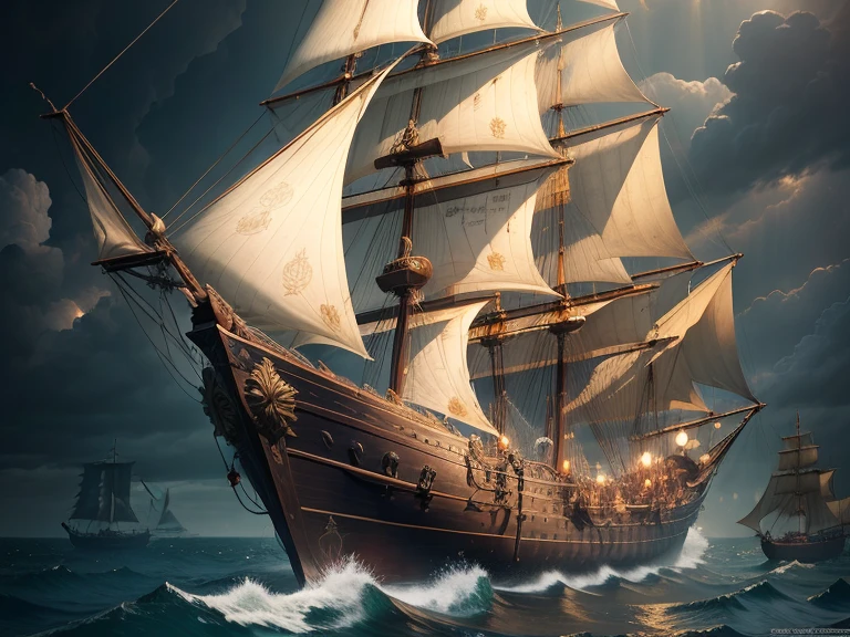 Gaff schooner in steampunk style, bog oak body, golden sails, many bronze details, intricate details, high quality textures, pre-storm sky, Divine Light