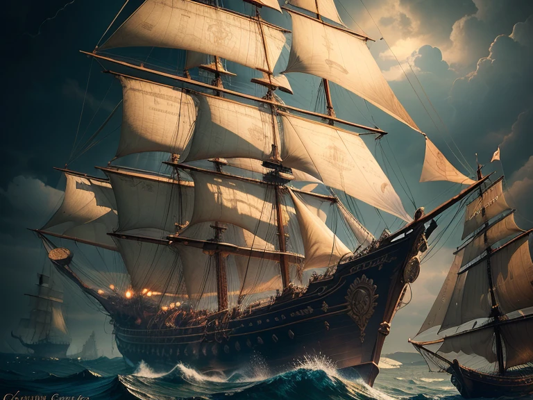 Gaff schooner in steampunk style, bog oak body, golden sails, many bronze details, intricate details, high quality textures, pre-storm sky, Divine Light