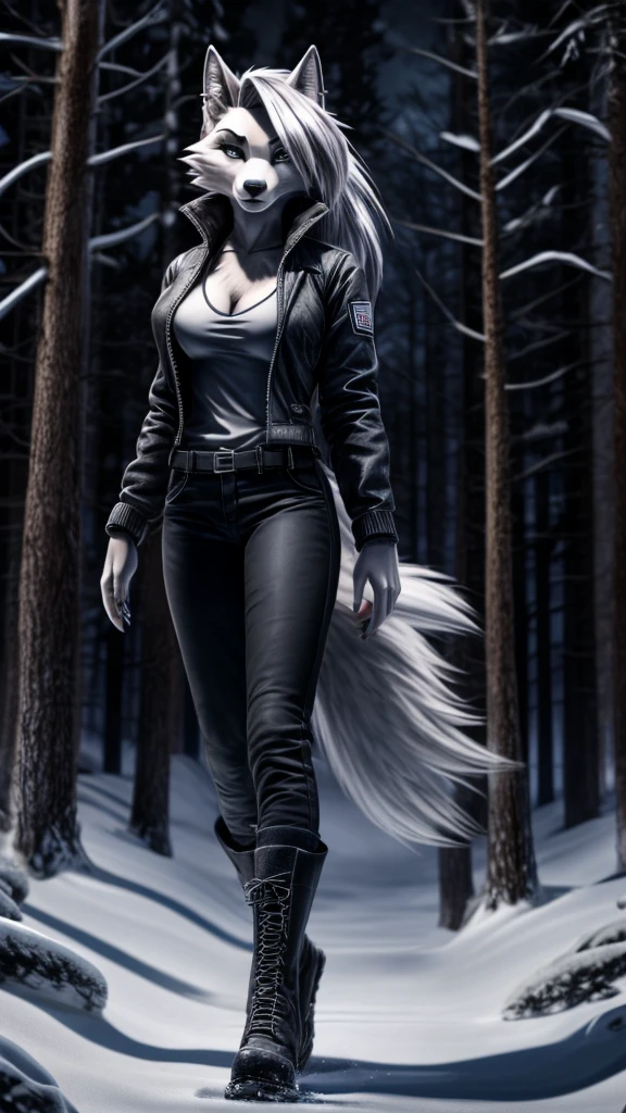 Loona from Helluva Boss, female wolf, mature adult, anthro, white hair, grey eyes, tall, grey closed techwear jacket, black jeans, boots, snow forest, standing, dark lighting, detailed, solo, beautiful, high quality, 4K