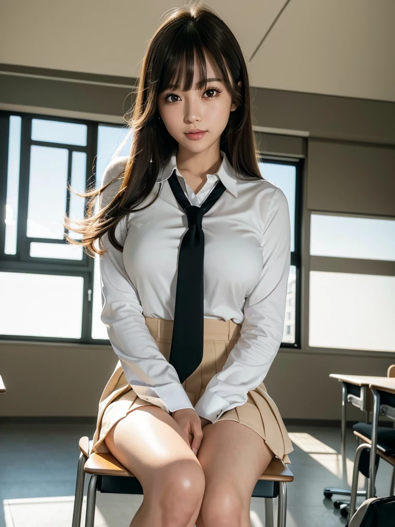 8k,best quality, masterpiece, ultra detailed, ultra high res, photorealistic, raw photo, absurdres, absolutely resolution, 1girl, full body, looking at viewer,a Japanese young pretty woman, hyper cute face, glamorous figure, large breasts,long bob hair,smile,(school uniform:1.3),beautiful eyes, ,windy, (I'm sitting in a chair in a classroom:1.3),glossy lips, double eyelids in both eyes, natural makeup, long eyelashes, shiny smooth light brown long bob hair, asymmetrical bangs, shiny skin, central image, high resolution, high detailing, detailed hairstyle, detailed face, spectacular movie lighting, octane rendering, vibrant, hyper realistic, perfect limbs, perfect anatomy