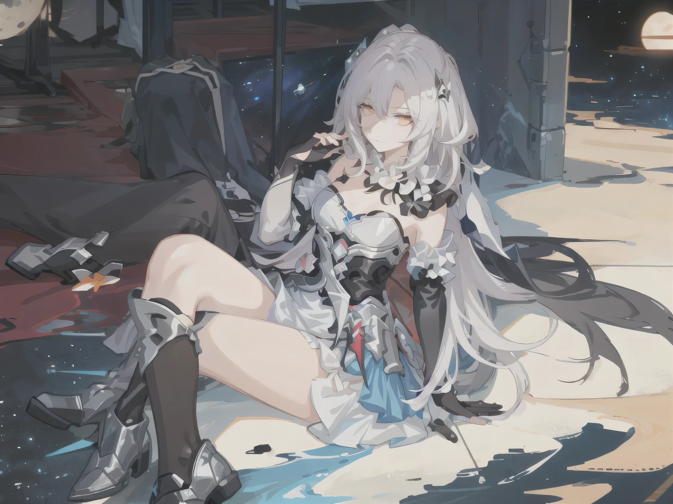Anime girl long hair, from the night of the ark, fine details. (1girl:1.5+female_character:0.8+sit:1.2+rubble+Arknight, Girls' Frontline: 1.2, highly detailed), (Arknight: 1.2, Girls' Frontline: 1.2, feminine aesthetic), style shadow universe, scene in the universe (outer space), Girl Front. (Artstation:0.8+Pixiv:1.2+Guweiz on Artstation)
