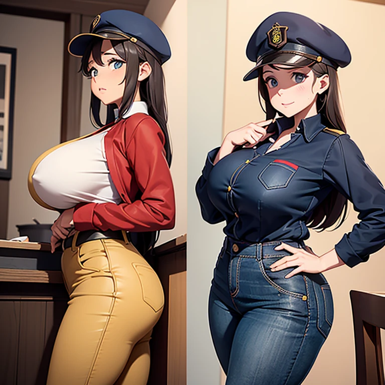 1femme, gros seins, gros cul, cuisses épaisses, Porter une casquette rouge d’uniforme de restauration rapide, Porter une chemise jaune d’uniforme de restauration rapide, porter un pantalon d'uniforme beige, porter des chaussures en cuir noir, cheveux noirs avec des pointes brunes, Yeux bleu profond, taches de rousseur, Sourire, debout,