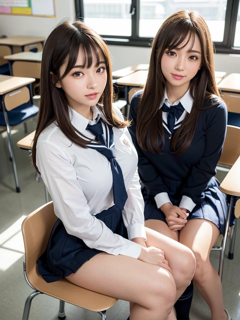 8k,best quality, masterpiece, ultra detailed, ultra high res, photorealistic, raw photo, absurdres, absolutely resolution, 1girl, full body, looking at viewer,a Japanese young pretty woman, hyper cute face, glamorous figure, large breasts,long bob hair,smile,(school uniform:1.3),beautiful eyes, ,windy, (I'm sitting in a chair in a classroom:1.3),glossy lips, double eyelids in both eyes, natural makeup, long eyelashes, shiny smooth light brown long bob hair, asymmetrical bangs, shiny skin, central image, high resolution, high detailing, detailed hairstyle, detailed face, spectacular movie lighting, octane rendering, vibrant, hyper realistic, perfect limbs, perfect anatomy