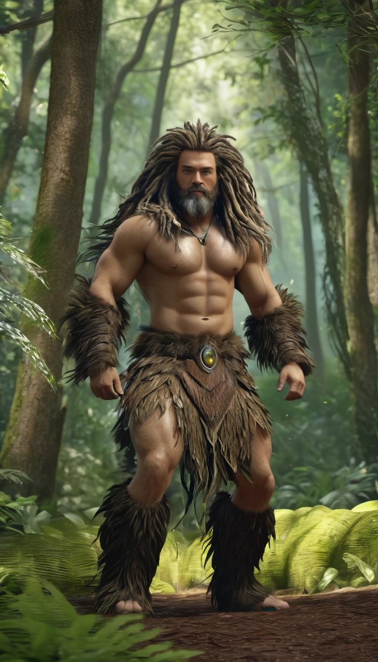 There is a kind of wild man in the forest,Full of mane(best quality,4K,8K,High level,masterpiece:1.2),Ultra Detailed,(lifelike,Photo real,Photo real:1.37),Highly detailed animals,Complex patterns,Realistic lighting,Fantasy Creatures
