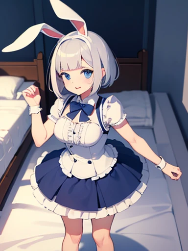 (masterpiece:1.3), (Highest quality:1.3), High resolution, Cooboy Shot, Leaning forward, Body facing forward, (pretty girl:1.3), alone, White skin, Large Breasts, Eight-headed man, Light gray hair, (bobbed hair:1.2), (short hair:1.1), (Blunt bangs:1.2), Beautiful Hair, blue eyes, Beautiful attention to detail, Open your mouth, heart, Bright smile, (Bunny ears:1.3), one piece, Frills, White and blue clothes, mini skirt, Earrings, indoor, bed, Shadow lighting, far from the object, greeting, hand greeting, Full body show, far, 