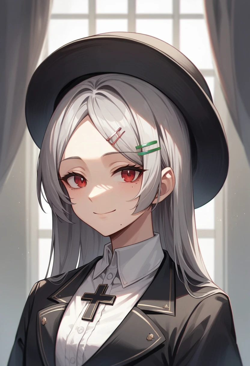 room,Idol Cross,masterpiece,Highest quality,Gray Hair, Red eyes,White shirt,(black formal hat),(Hair Clip:1.3),(Small Mouth Mole:1.3),smile,High resolution,4K,Black sleeves, Upper Body,