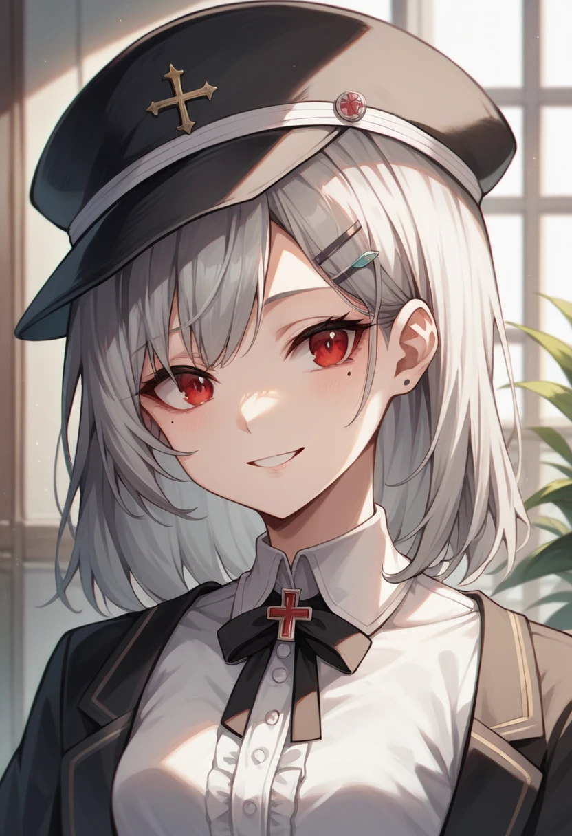 room,Idol Cross,masterpiece,Highest quality,Gray Hair, Red eyes,White shirt,(black formal hat),(Hair Clip:1.3),(Small Mouth Mole:1.3),smile,High resolution,4K,Black sleeves, Upper Body,