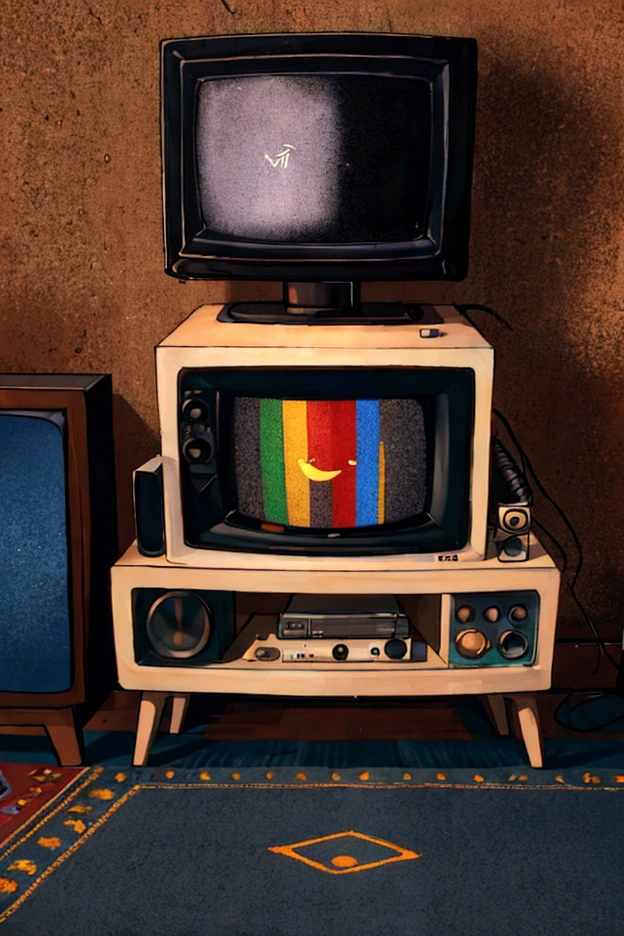 Man with TV head sitting on the carpet in his living room watching a TV. tube tv, shelf with several cassette tapes, a VCR and a DVD player under the television.