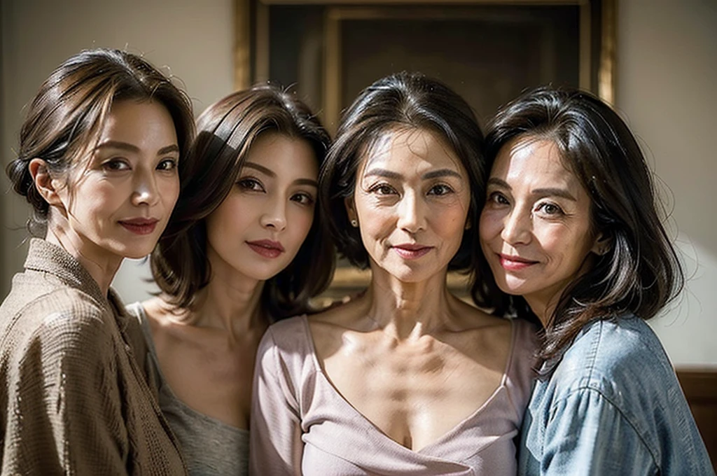 (masterpiece : 1.5), (super detailed : 1.5), (realistic : 1.5), (3 women : 1.5), (beautiful 3 mature women are taking photo together), (60 years old : 1.3), (wrinkles on her face : 1.1), (gentle smile), (Each has a different hairstyle), (Each has a different casual clothes), (Each has a different posing), living room, 