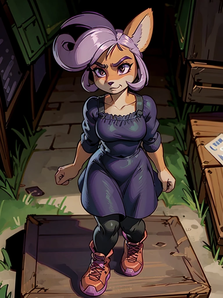 A dark anthro bandicoot girl with purple hair, wearing a dark dress, skirt, tights, and combat boots,