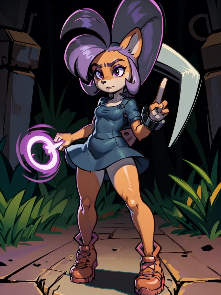 A dark anthro bandicoot girl with purple hair, wearing a dark dress, skirt, tights, and combat boots,