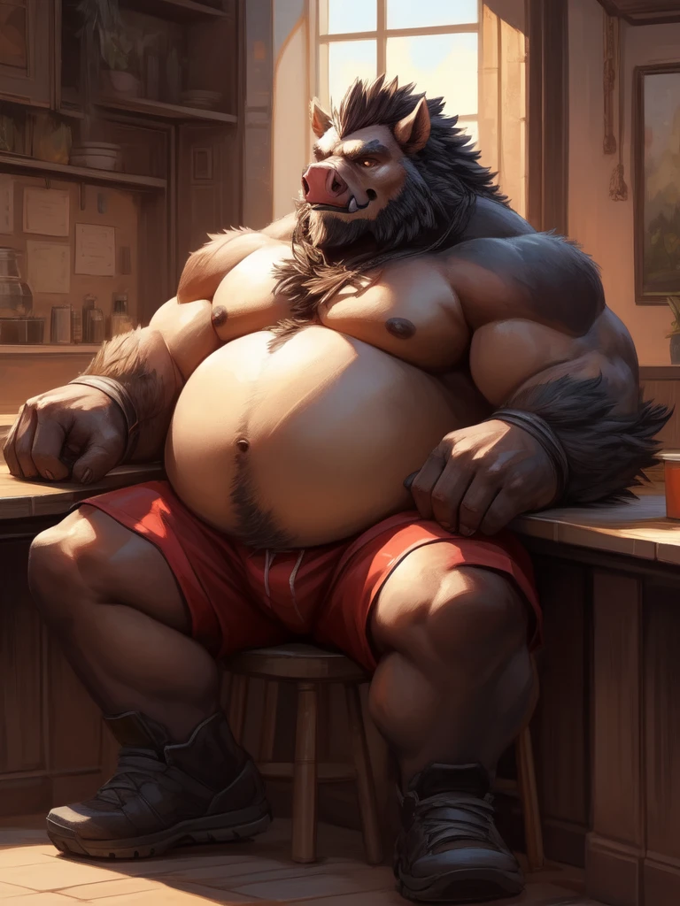 lucusold, lanxus, a man with a huge belly, furry hog, boar, fat ripped:1.2, chubby, more chubby, sitting in cafe, thicc, lowres, giant and fat, danbooru and artstation, heavy detailed, insanely inflated hips, topless, shorts, proportionally arms, fluffy chest, commission for high res, detailed but rough, semirealistic:1.3