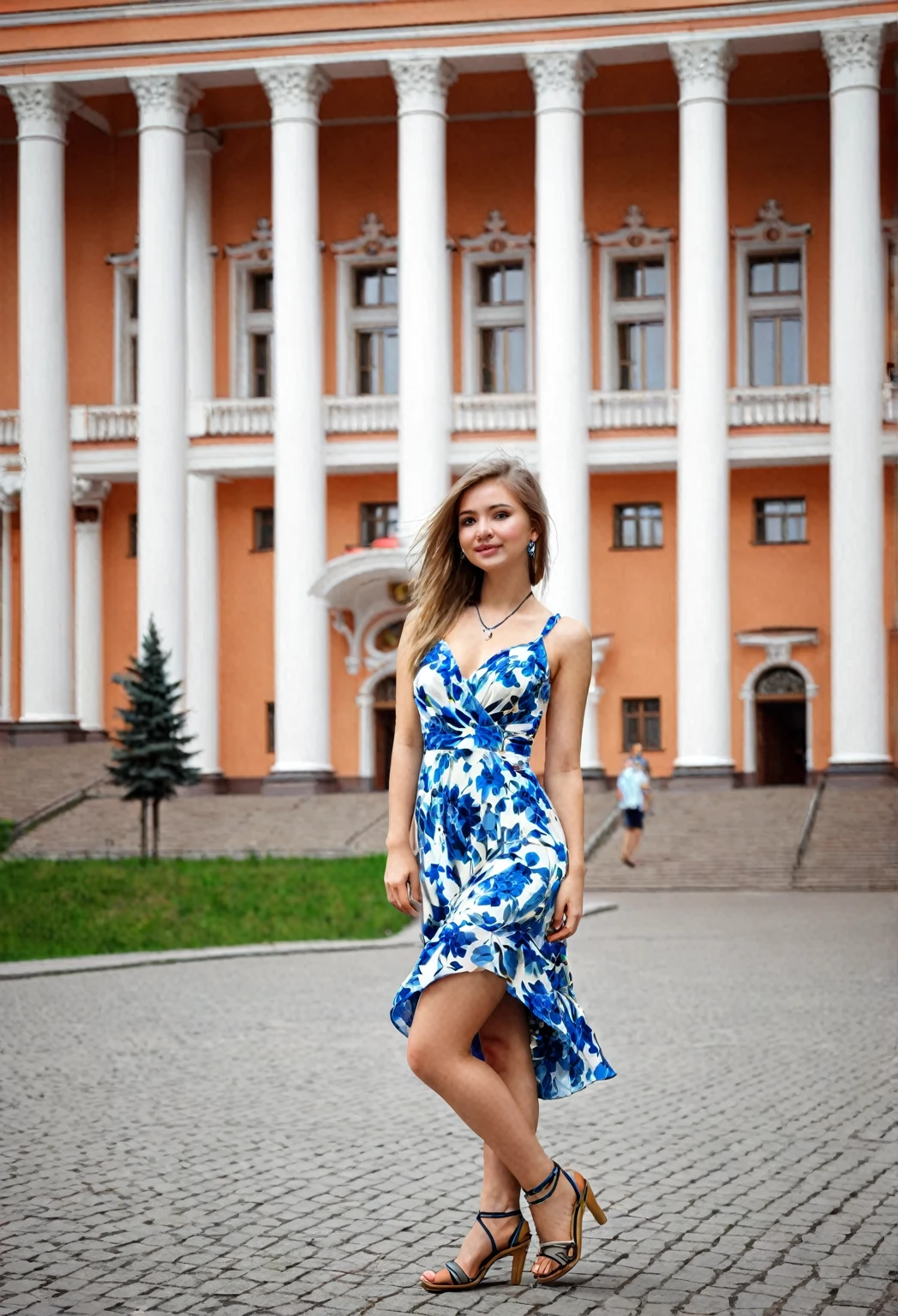 young woman, graduate, Moscow State University building, beautiful, sexy, in a dress, vulgar, sandals, detailed