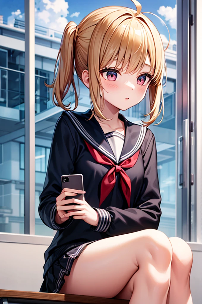 (Highly detailed CG Unity 8k wallpaper,masterpiece, Highest quality, Super detailed),School classroom atmosphere,wood々Sunlight shining through the gaps,A beautiful blonde high school girl with twin tails and ahoge(D Cup),Smartphone in hand,Tinker,Beautiful black-haired ,Skinny and flat chested, Wearing a sailor uniform,Sitting on a chair、He is having a conversation with a blonde girl sitting at a desk.,in the evening.