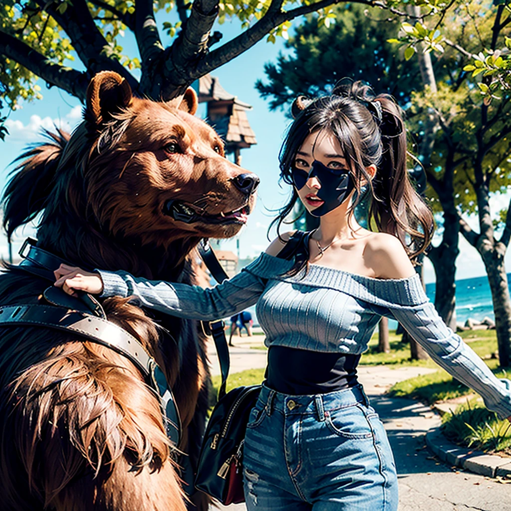 ((best quality)), ((masterpiece)), (detailed), off-shoulder sweater, A red bear battle mount in silver armor, loaded with bags, stands by a tree.