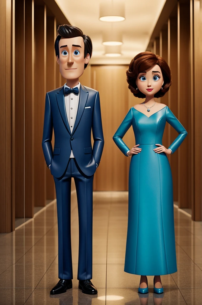 A man and woman in Pixar style standing head to toe in suits