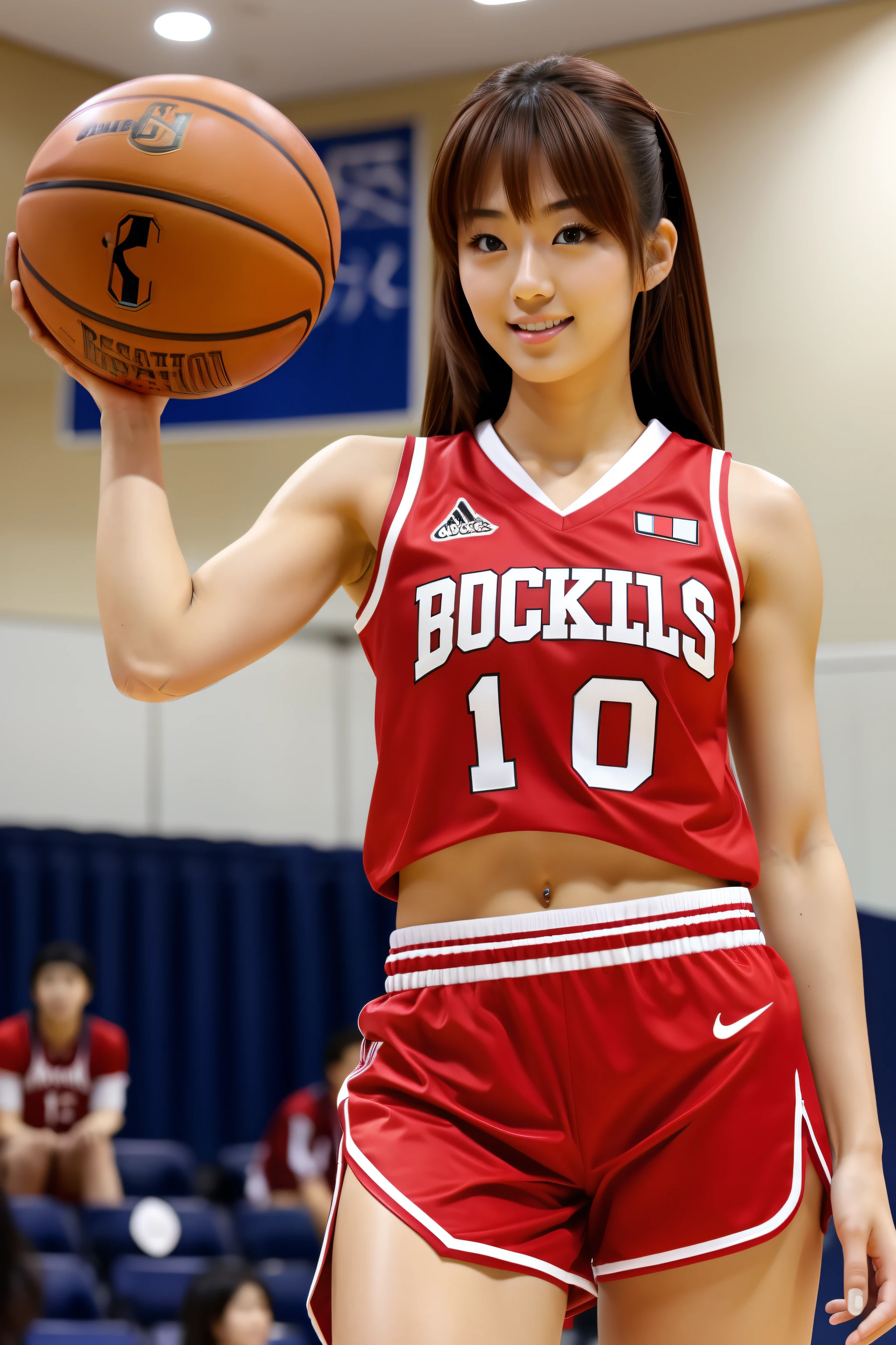 Beautiful Japanese woman、chest circumference、Brown hair、Basketball slam dunk、Red basketball jersey、Beautiful abdominal muscles
