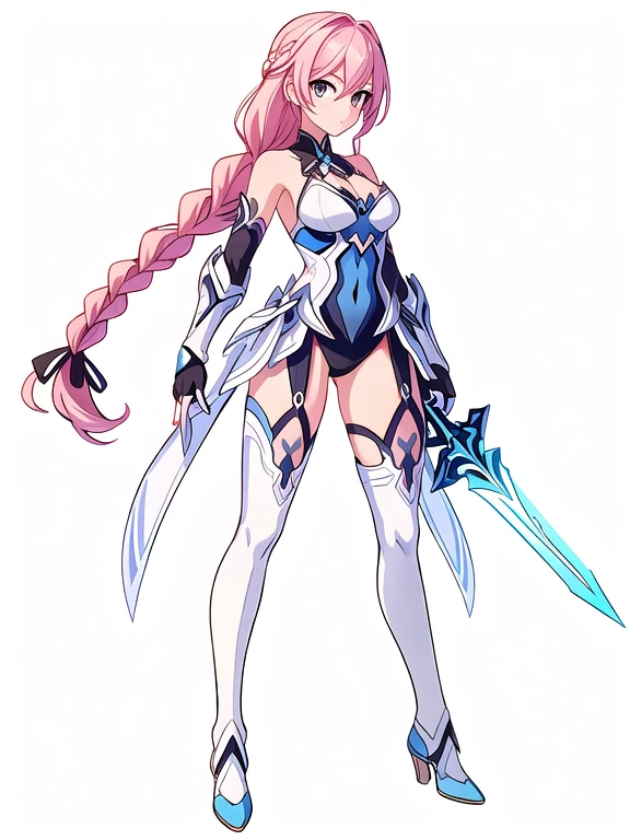 (((Best Quality))) , ((full body)), An adult female, (((white background))), variety of hairstyles, variety of design, gauntlets, leotard, body stocking, (cropped shoulders), holding great sword, gloves, stand posture, ((skyblue theme costume)), pink hair, thong, (braid),
