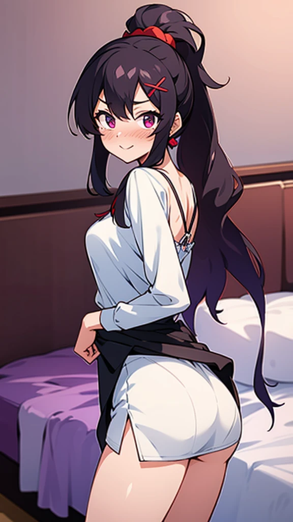 high tail hairstyle, Ponytail hairstyle, Long wavy black hair, standing posing, anime girl style, pixel art anime style,penetrating look with deep eyes,red and purple eyes, hair with a ponytail hairstyle trapped with a big red bun, Women, red hair clips, x color shaped hair clips , smiling face blush, in his room next to his bed, plain miniskirt, strap blouse, showing my ass to the camera, Black hair 