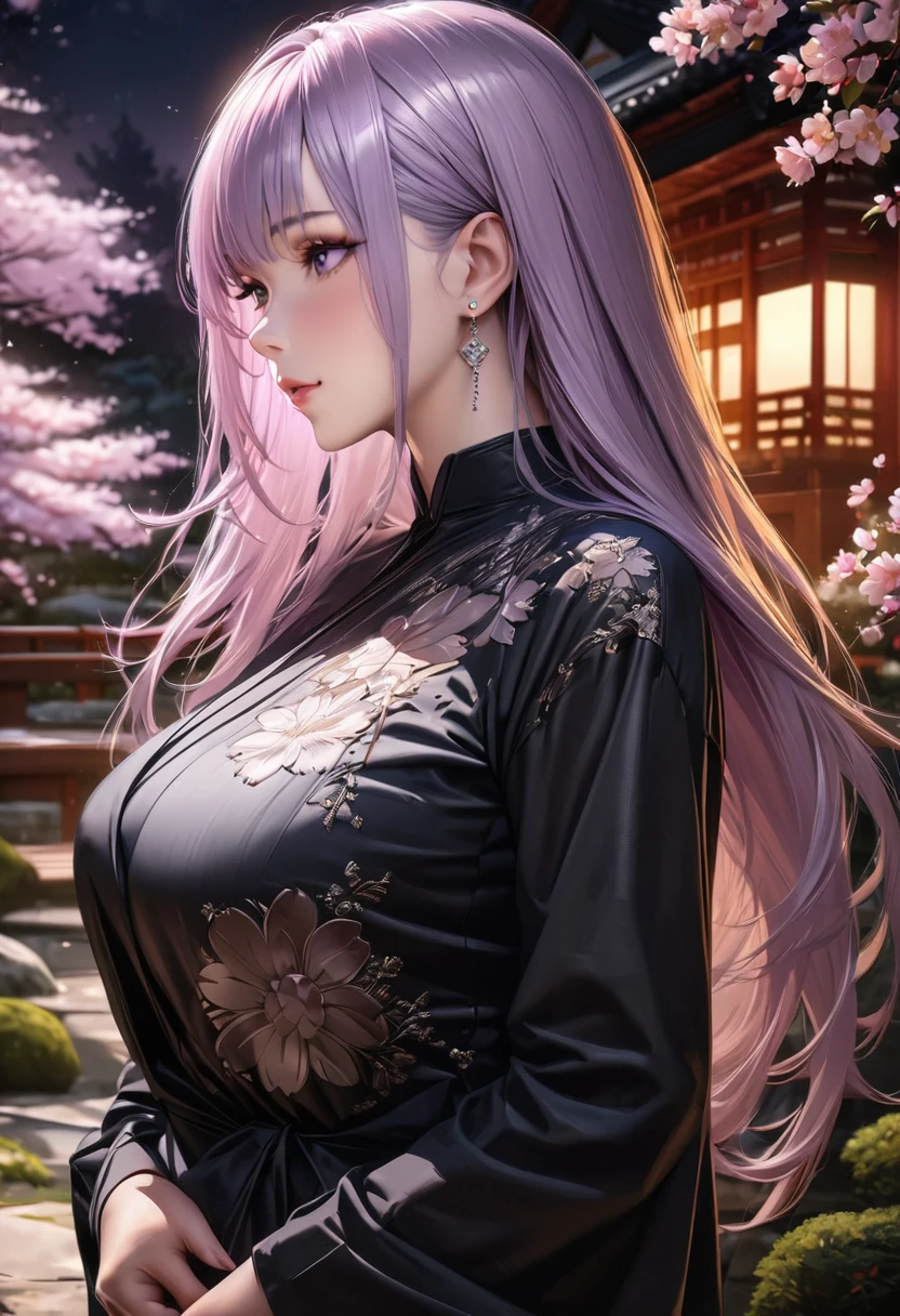 (best quality, Masterpiece painting:1.3), Mature woman，Ultra-high resolution, (Photorealism:1.0), Light purple hair,Straight Hair, Beautiful shiny hair, White and shiny skin, (Ultra-realistic details), Highly detailed face, (Large Breasts:0.8), White cherry blossom embroidery pattern, Silver earrings, Hair blowing in the wind, Japanese Garden at night，Cherry Blossoms，Beautiful, Clear focus, Intricate details, Professional artwork, (Vibrant colors:1.1), Ultra-clear body, Ultra-fine hair, Super detailed face;Popular on Pixiv,Ultra-precision coating, (Light_Smile:0.8)