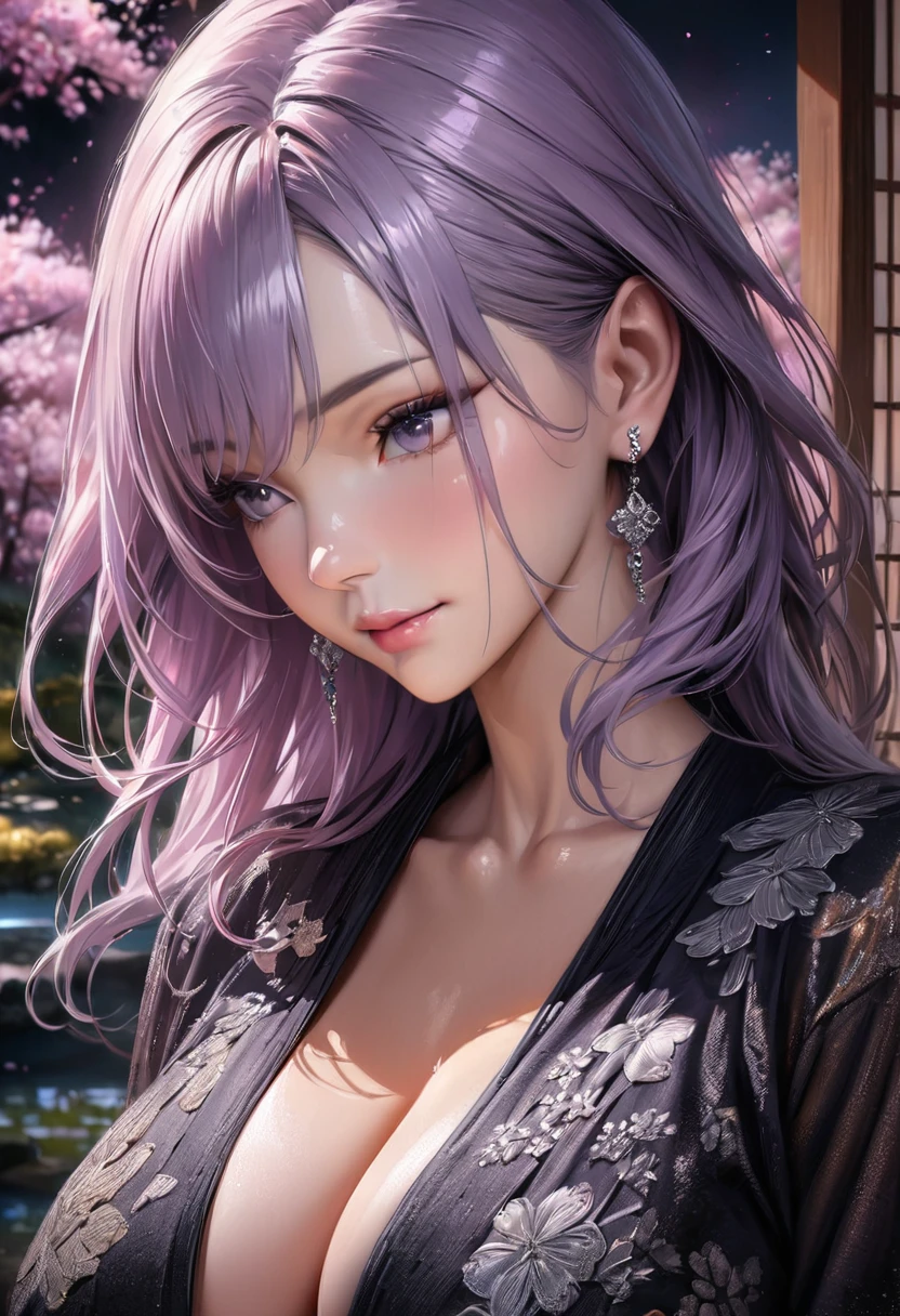(best quality, Masterpiece painting:1.3), Mature woman,Ultra-high resolution, (Photorealism:1.0), Light purple hair,Straight Hair, Beautiful shiny hair, White and shiny skin, (Ultra-realistic details), Highly detailed face, (Large Breasts:0.8), White cherry blossom embroidery pattern, Silver earrings, Hair blowing in the wind, Japanese Garden at night,Cherry Blossoms,Beautiful, Clear focus, Intricate details, Professional artwork, (Vibrant colors:1.1), Ultra-clear body, Ultra-fine hair, Super detailed face;Popular on Pixiv,Ultra-precision coating, (Light_Smile:0.8)