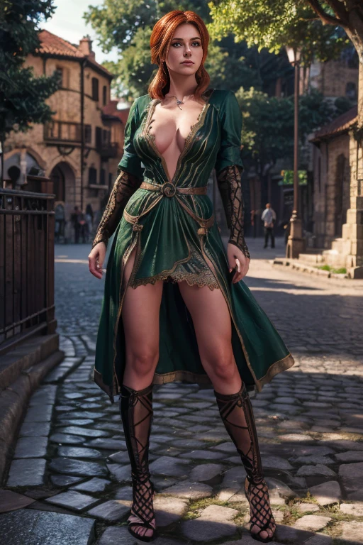 Tris Merinold in a revealing green short very short dress, on the streets of a medieval city against the backdrop of trees underfoot the ground evening time porn hentai art 3D style medieval fantasy the face and hands of Triss Merigold are drawn in detail 