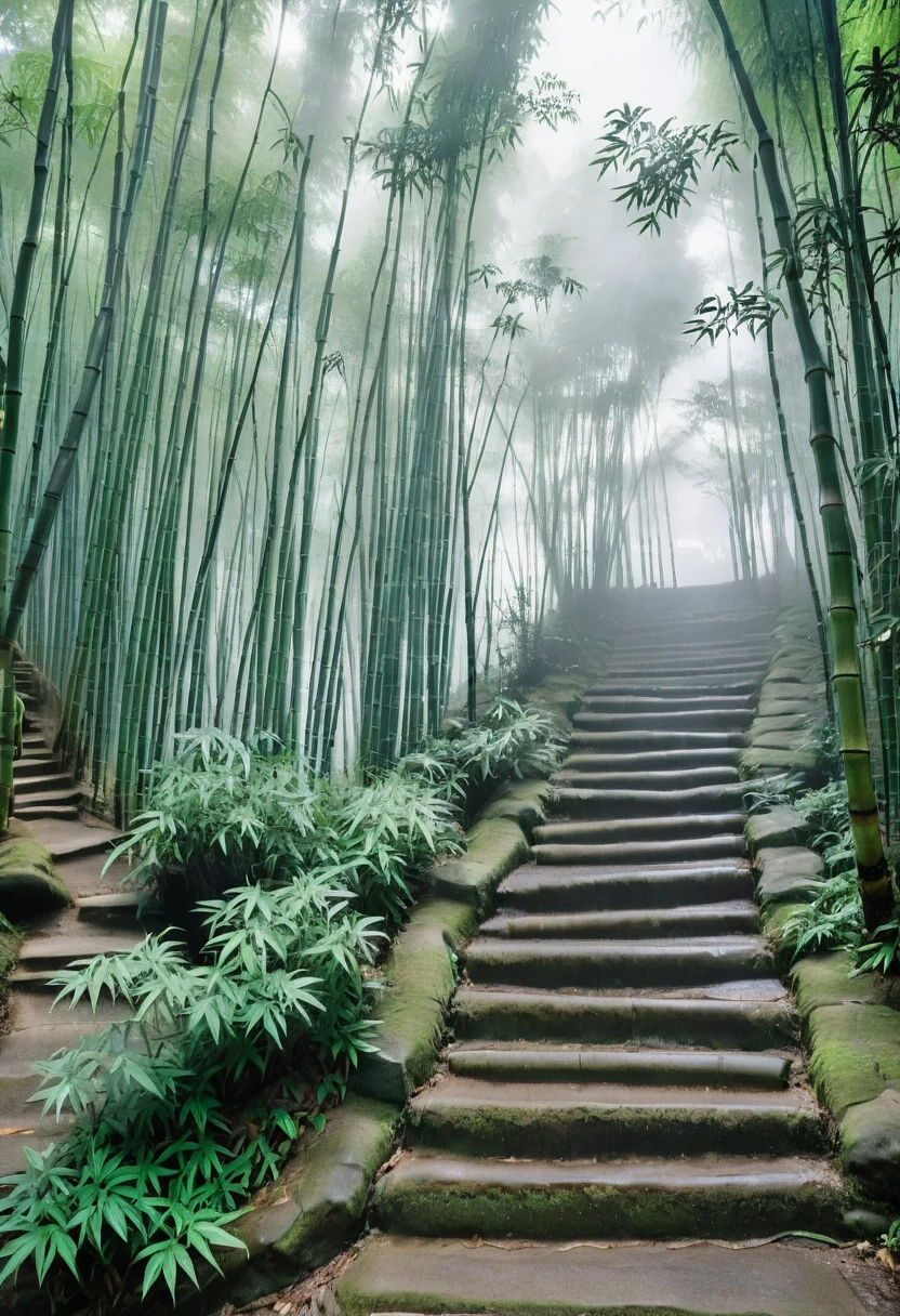 Close-up of a set of stairs in the woods, misty japanese bamboo forest, bamboo forest, of bamboo, deep in a japanese bamboo forest, in a bamboo forest, Dense forests in Japan, walking in a bamboo forest, bamboo forest in the background, made of bamboo, Path leading into dense forest, bamboo, Lush Chinese rural scenery, Misty Jungle