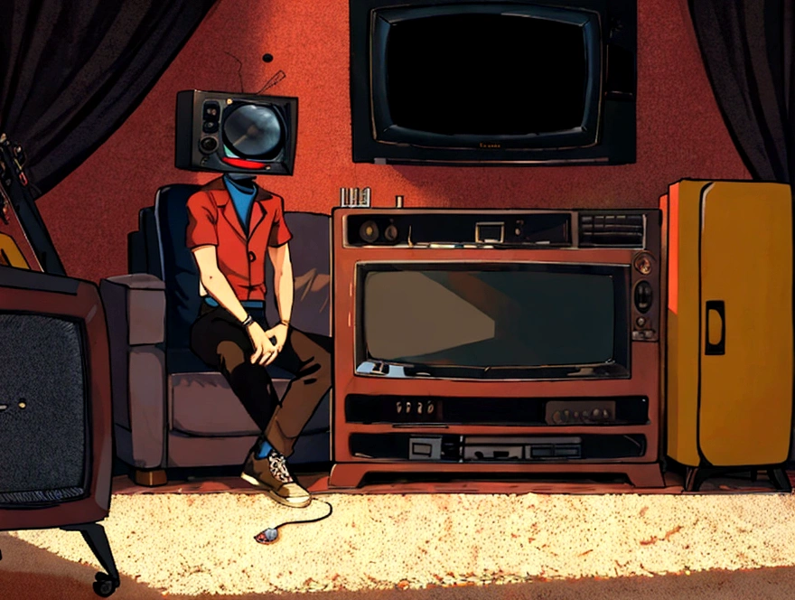 Man with TV head sitting on the carpet in his living room watching a TV. tube tv, shelf with several cassette tapes, a VCR and a DVD player under the television.