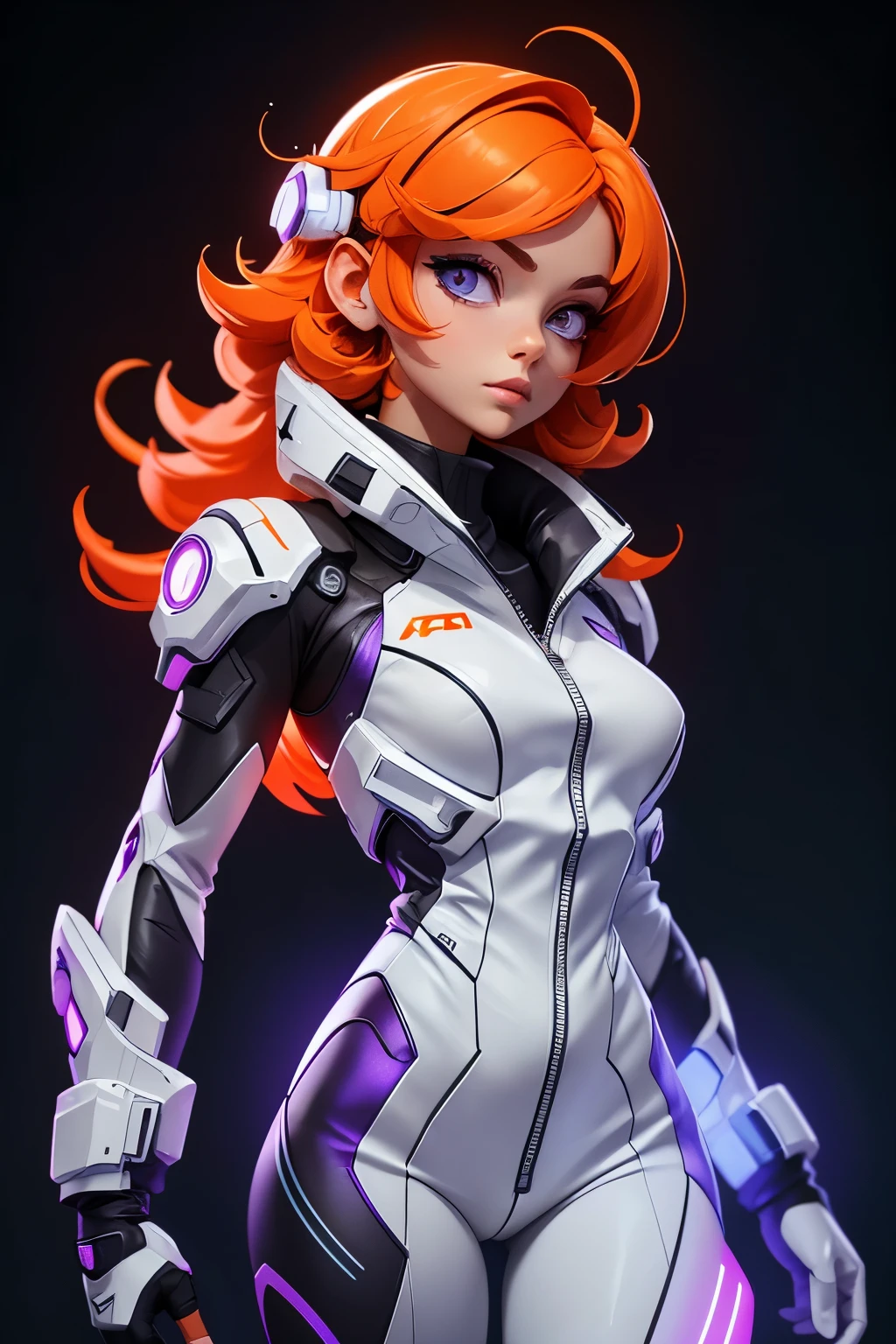 white background, a female in a sci-fi jumpsuit with led lights making shapes, she has short light orange hair, purple eyes, silver clothing.