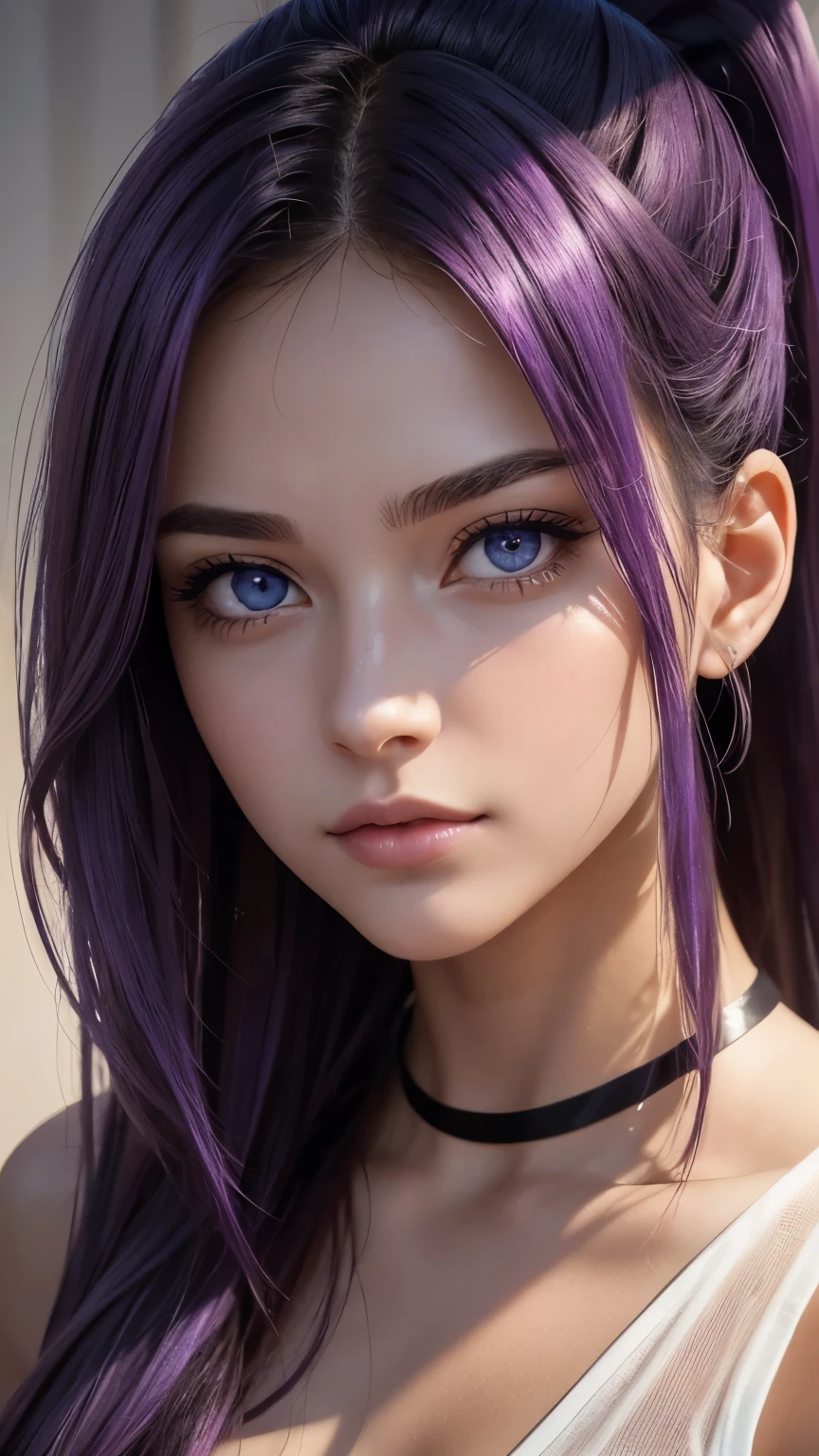 A close-up of a beautiful girl with long purple hair and a purple wig, 3D realistic anime, hyper-realistic anime, CGI anime, CGI anime style, anime realism anime, realistic anime, ultra-realistic accurate faces, 8k highly detailed face, ultra realistic face, anime realism, semi realistic anime, realistic face-body hybrid