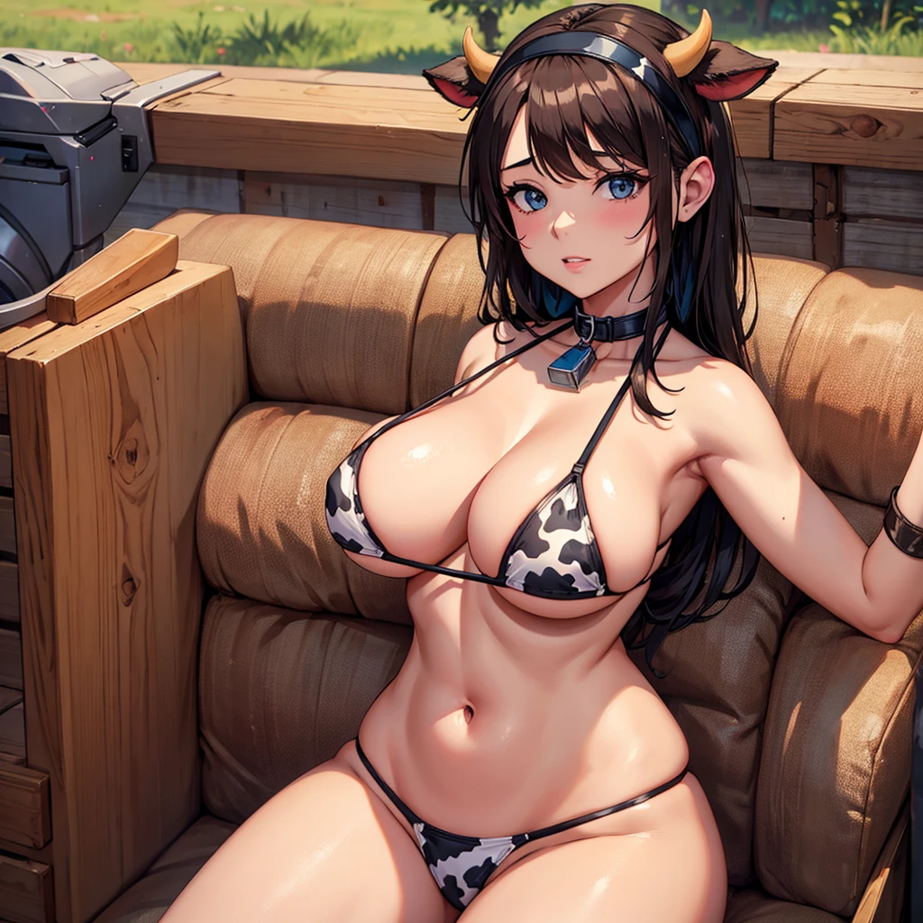 Cow skin micro bikini. . Cow ear headband. Farm. A girl having her breasts fon