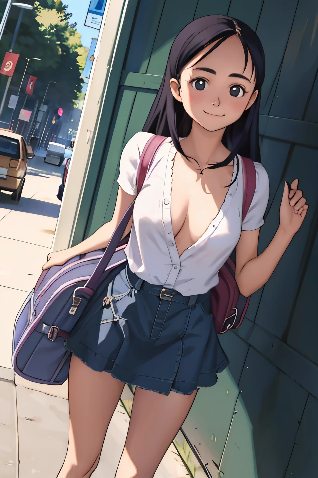 masterpiece, Highest quality, One adult woman 10.0,Very detailed,Rin々Nice face,Open Mouth Smile,Black eyes,Legs visible through a short skirt,Natural Beauty,Cinematic,Medium chest,Walking in the downtown area,Carrying a backpack,Showing from the knees 10.0,Wearing high  50.0,Large Breasts 10.0,