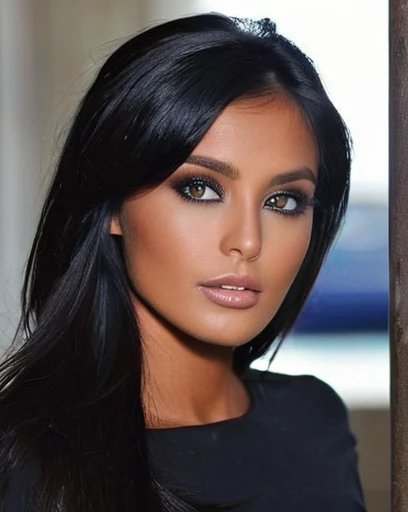 Very dark hair, almost black, long et yeux marron fonce, tanned, matte skin