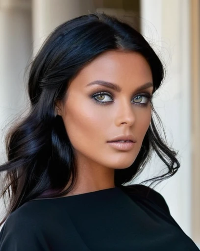 Very dark hair, almost black, long et yeux marron fonce, tanned, matte skin