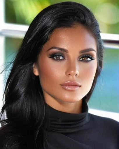 Very dark hair, almost black, long et yeux marron fonce, tanned, matte skin