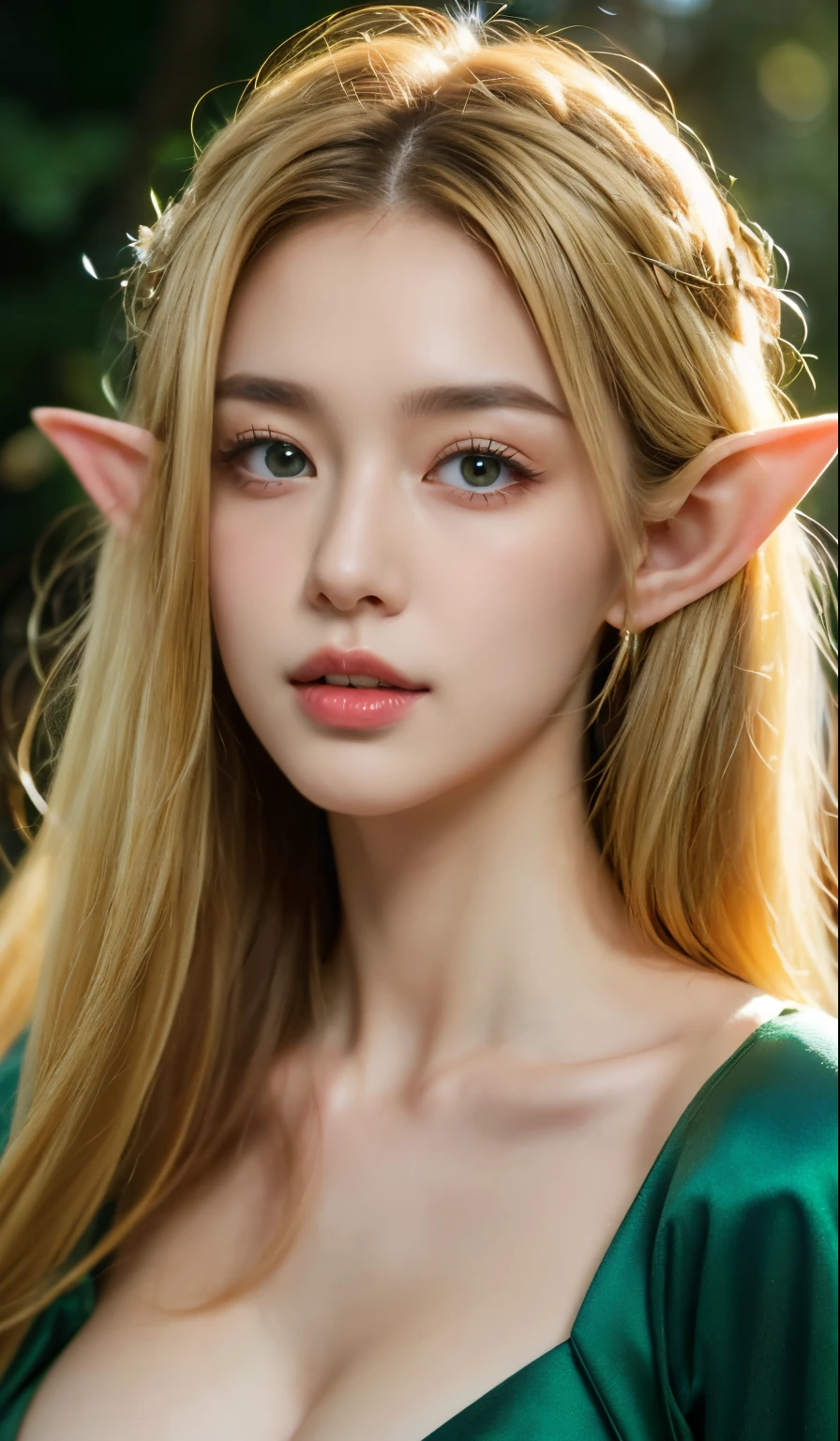 look at viewer, full upper body, (very huge breasts, erect nipples), small elf ears, elf woman in a green dress, green bright eyes, 1girl, white skin, diamond face shape, Hot topics on artstation, Fantasyart, portrait of an elf queen, Belle peinture de personnage, Stunning character art, Epic and beautiful character art, blond-haired princess, medieval princess, fairy queen, fantasy art style, cinematic lighting, masterpiece, accurate, anatomically correct, textured skin, super detail, high details, highres, 8k, castle