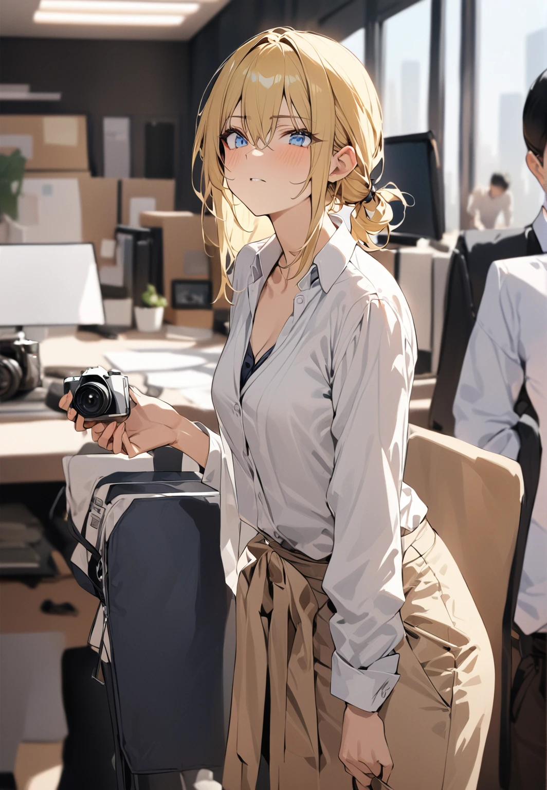 (( straight face picture )) ((best quality)),  ((Masterpiece)), (details), ( Bright picture ). Young woman , yellow hair tied up ,blue eyes , Take a picture , Office lady , photographer