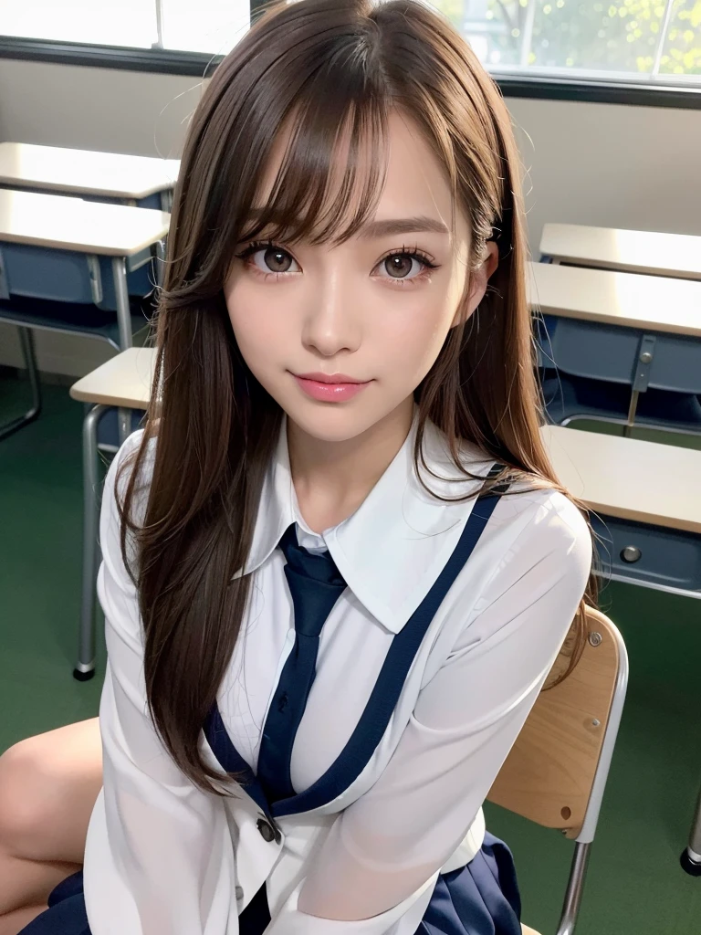 8k,best quality, masterpiece, ultra detailed, ultra high res, photorealistic, raw photo, absurdres, absolutely resolution, 1girl, full body, looking at viewer,a Japanese young pretty woman, hyper cute face, glamorous figure, large breasts,long bob hair,smile,(school uniform:1.3),beautiful eyes, ,windy, (I'm sitting in a chair in a classroom:1.3),glossy lips, double eyelids in both eyes, natural makeup, long eyelashes, shiny smooth light brown long bob hair, asymmetrical bangs, shiny skin, central image, high resolution, high detailing, detailed hairstyle, detailed face, spectacular movie lighting, octane rendering, vibrant, hyper realistic, perfect limbs, perfect anatomy