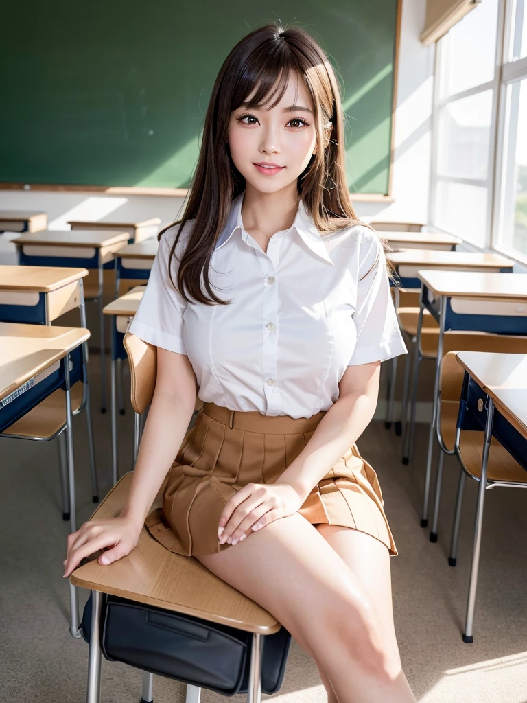 ((super high quality、High resolution、masterpiece、 Anatomically correct、Super detailed photos、Ultra-realistic photos、 Highest quality))、(2girls)、looking at viewer、(cowboy shot)、(white unnderwear:1.2)、(from below)、(huge breast)、((school uniform:1.3))、skirtless、A woman taking off her uniform skirt、Small waist、Large Breasts、Detailed face、Perfect figure、Black Hair、Medium Hair、Spread your legs、Empty classroom