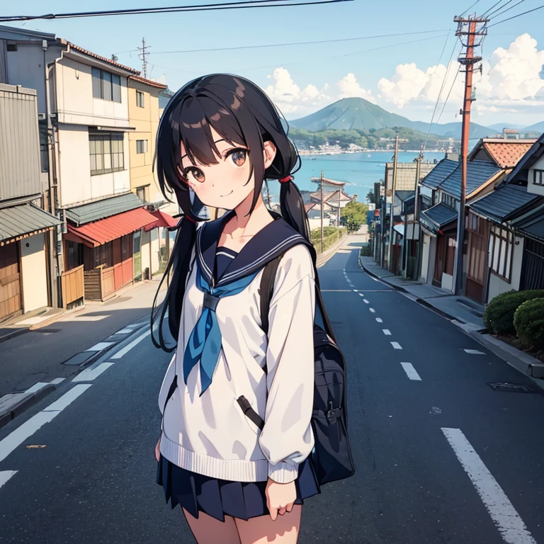 1girl, standing, head tilt,
(downhill, sloped road), wide single road in Japan, (sea in distance:1.4), (port city:1.2), cityscape in distance,
gentle smile, 15yo,
(low twintails girl), low pigtails, black hair, very long hair,
long sleeves, navy-blue serafuku with blue ribbon, navy-blue ,
1 school bag on right shoulder,
(brown eye),
city area, stylish, urban,
electric pole, white line on the road, tree on side, white residences on side,
gantry crane, afternoon, spring, superb view,
from front, from a little above,
anime, high brightness, detailed face, detailed eyes,
high quality, ultra detailed, masterpiece, FHD