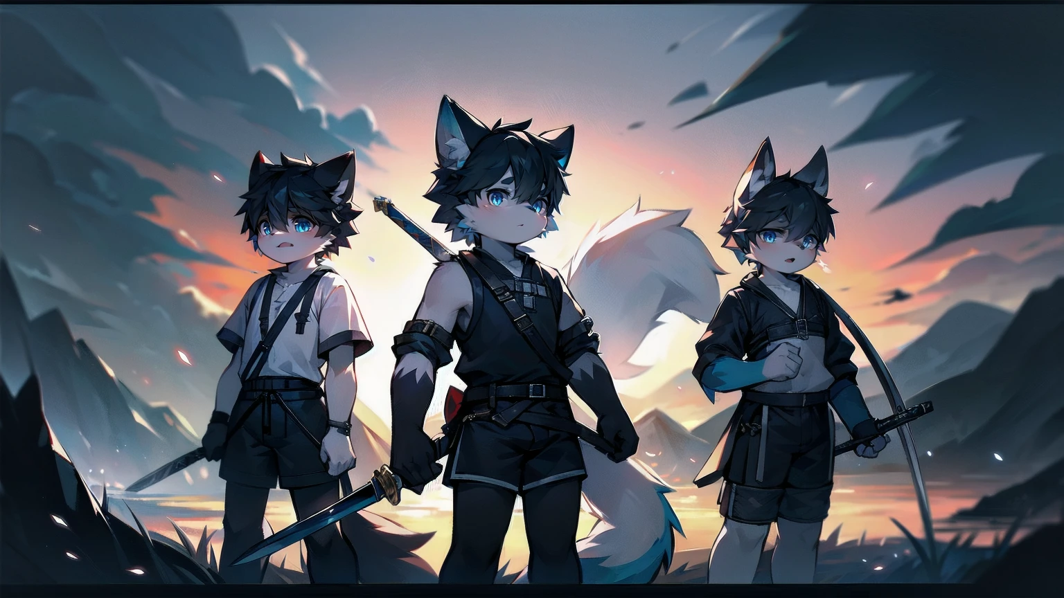 White Wolf，black hair，Sky blue eyes，hairy，Wolf ears，Wolf tail，Full body portrait，The character is in the center of the frame，Handsome，Confident eyes，male，juvenile，Black and white combat uniform，Red neck bib，Black shorts，Short sleeve，hairy arms and legs，Dark background，Dark battlefield，dawn，sunrise，dawn，illumination，shadow，Swordsman，Scabbard and sword，Hold the hilt of a sword in your hand，The scabbard is at the waist，Highest quality