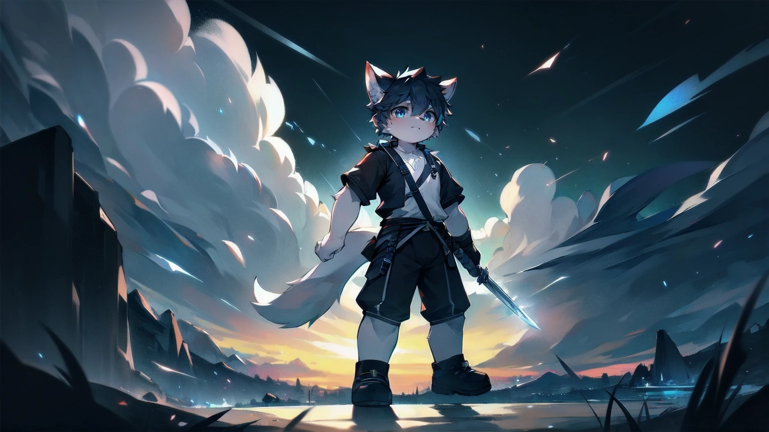 White Wolf,black hair,Sky blue eyes,hairy,Wolf ears,Wolf tail,Full body portrait,The character is in the center of the frame,Handsome,Confident eyes,male,juvenile,Black and white combat uniform,Red neck bib,Black shorts,Short sleeve,hairy arms and legs,Dark background,Dark battlefield,dawn,sunrise,dawn,illumination,shadow,Swordsman,Scabbard and sword,Hold the hilt of a sword in your hand,The scabbard is at the waist,Highest quality